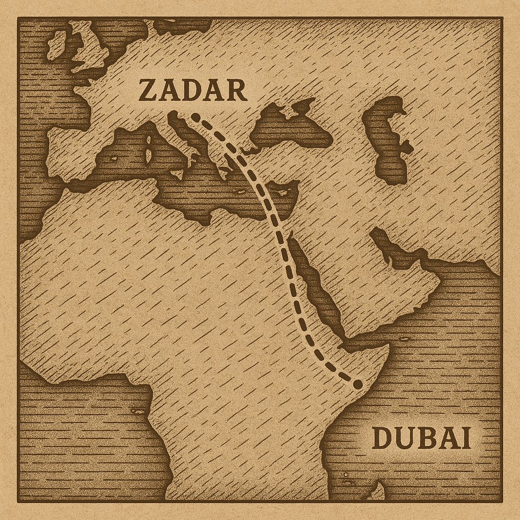Map showing the journey from Zadar, Croatia to Dubai
